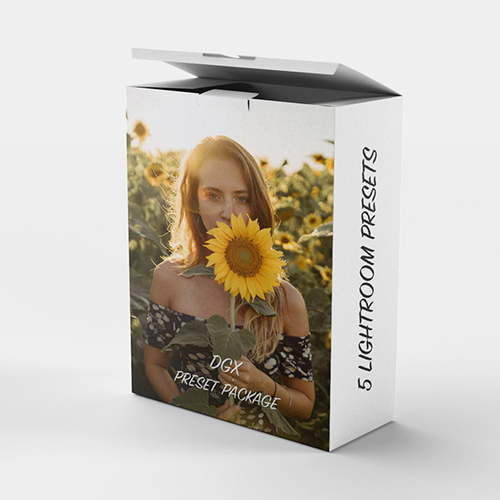 DGX Lightroom Presets Produktverpackung mit Frau und Sonnenblume