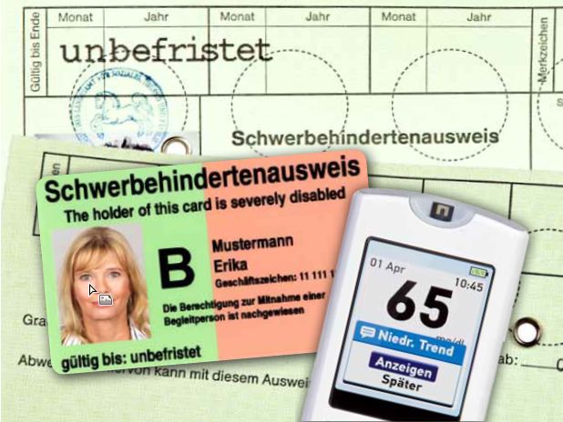DIABASS6 Premium – Software für Diabetes-Tagebuch 10 Schwerbehhindertenausweis und Blutzuckermessgerät auf Kalenderseite