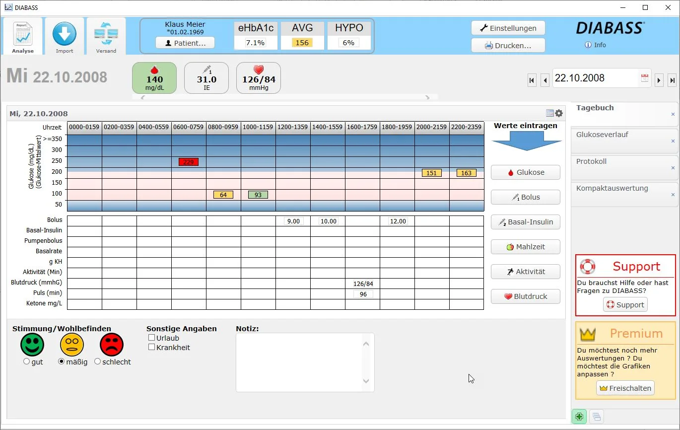 DIABASS6 Premium – Software für Diabetes-Tagebuch 1 DIABASS Tagebuch-Screenshot mit Blutzuckermessungen vom 22.10.2008