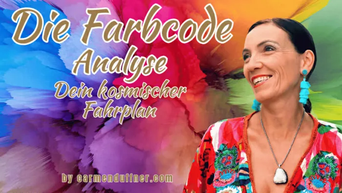 Banner Die Farbcode Analyse mit Carmen Duffner auf regenbogenfarbigem psychedelischem Hintergrund