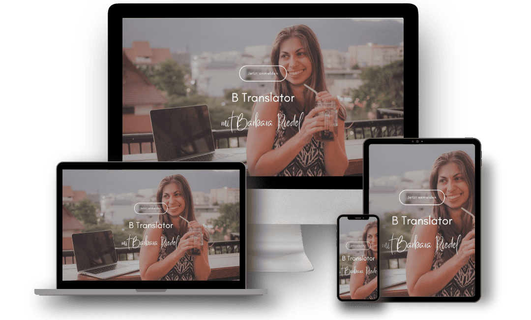 Die 14-Tage-Selfpublishing-Challenge – E-Book-Anleitung für KDP 5 B Translator Kurs Mockup auf verschiedenen Geräten mit Frau vor Laptop