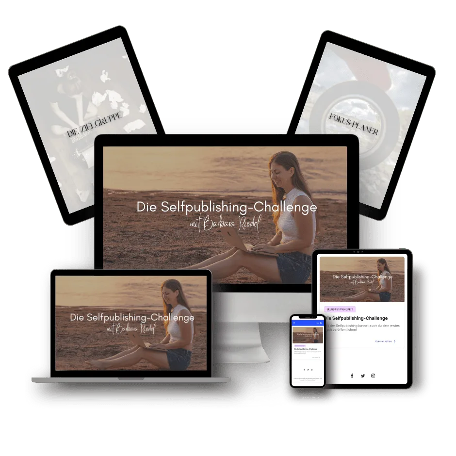 Die 14-Tage-Selfpublishing-Challenge – E-Book-Anleitung für KDP 1 Die 14-Tage-Selfpublishing-Challenge Mockup auf verschiedenen Geräten mit Frau am Strand