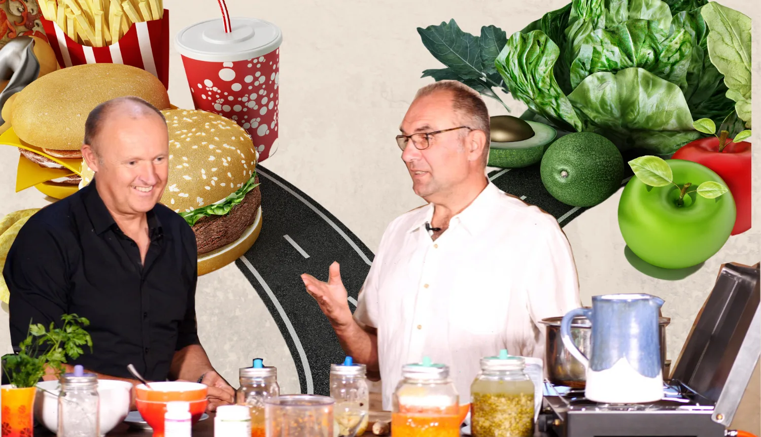 Zwei Männer in Diskussion, Fast Food und Gemüse im Hintergrund, Ernährungsberatung