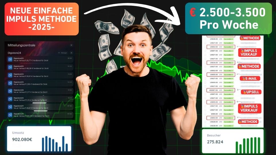 Die 25 Minuten PDF-Methode – Kurs plus PDF-Software von René Renk 1 Webinar-Hero-Image zur Impuls Methode 2025 mit enthusiastischem Mann, umfliegenden Geldscheinen, Einnahmemetriken und Verkauf