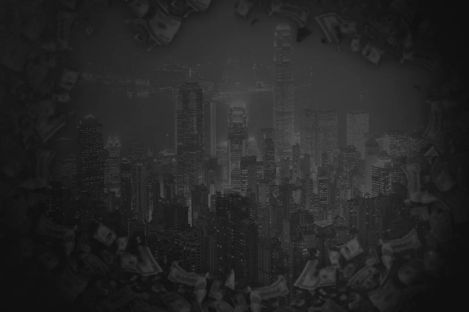 Die 25 Minuten PDF-Methode – Kurs plus PDF-Software von René Renk 3 Abstrakte schwarzweiße Stadtsilhouette mit Hochhäusern und überlagerten Geldscheinen als dekorativer Hintergrund