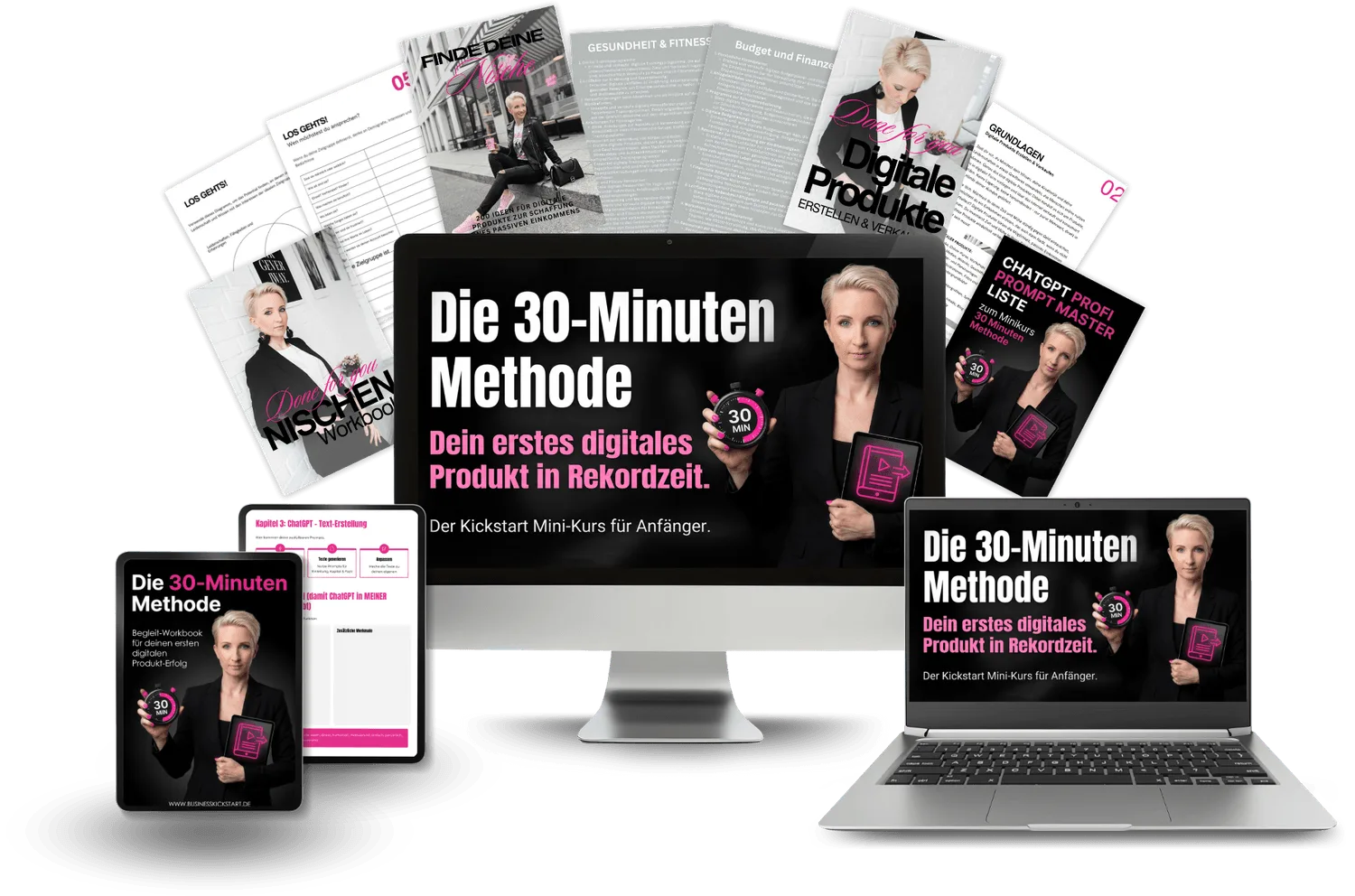 Produktmockup Die 30-Minuten Methode auf Tablet, Monitor und Laptop mit begleitenden Materialien