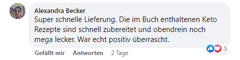 Kundenbewertung von Alexandra Becker zum Keto Rezeptbuch auf Facebook