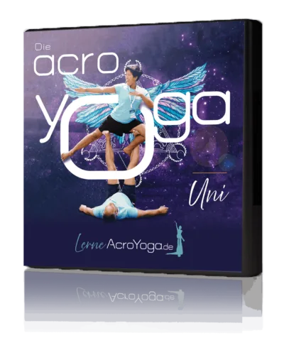 Die AcroYoga Uni – Mit Spiel & Spaß AcroYoga lernen 5 AcroYoga Uni DVD-Box mit Acroyoga-Posen und Branding