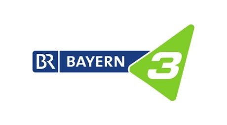 BR Bayern 3 Logo mit blauem Text und grünem Dreieck