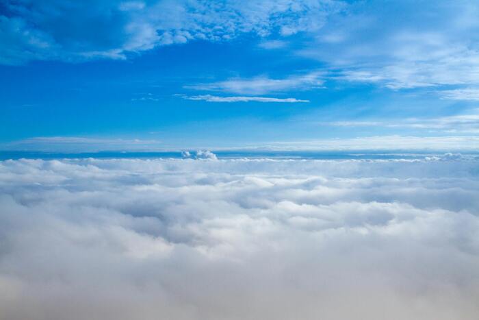 Himmel mit Wolken und blauem Horizont von oben