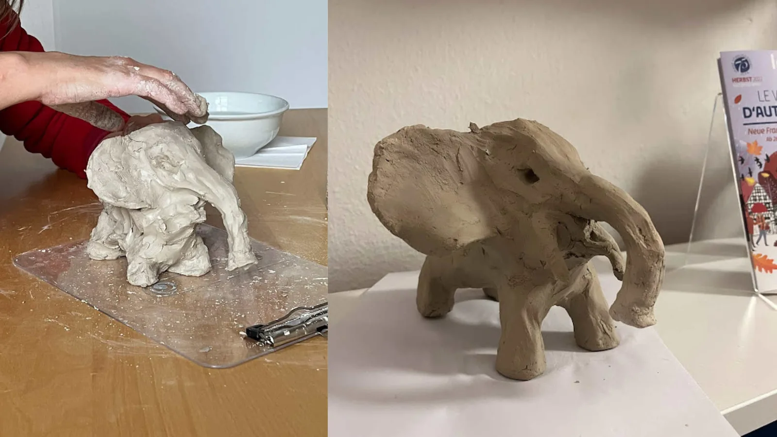 Zwei Fotos: Links Hand formt Elefant aus Ton, rechts fertige Tonelefanten-Figur