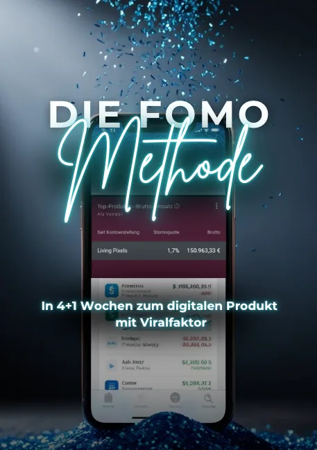 Smartphone-Mockup mit FOMO Methode Kursinhalt und Neon-Schrift auf dunklem Hintergrund mit Partikeln