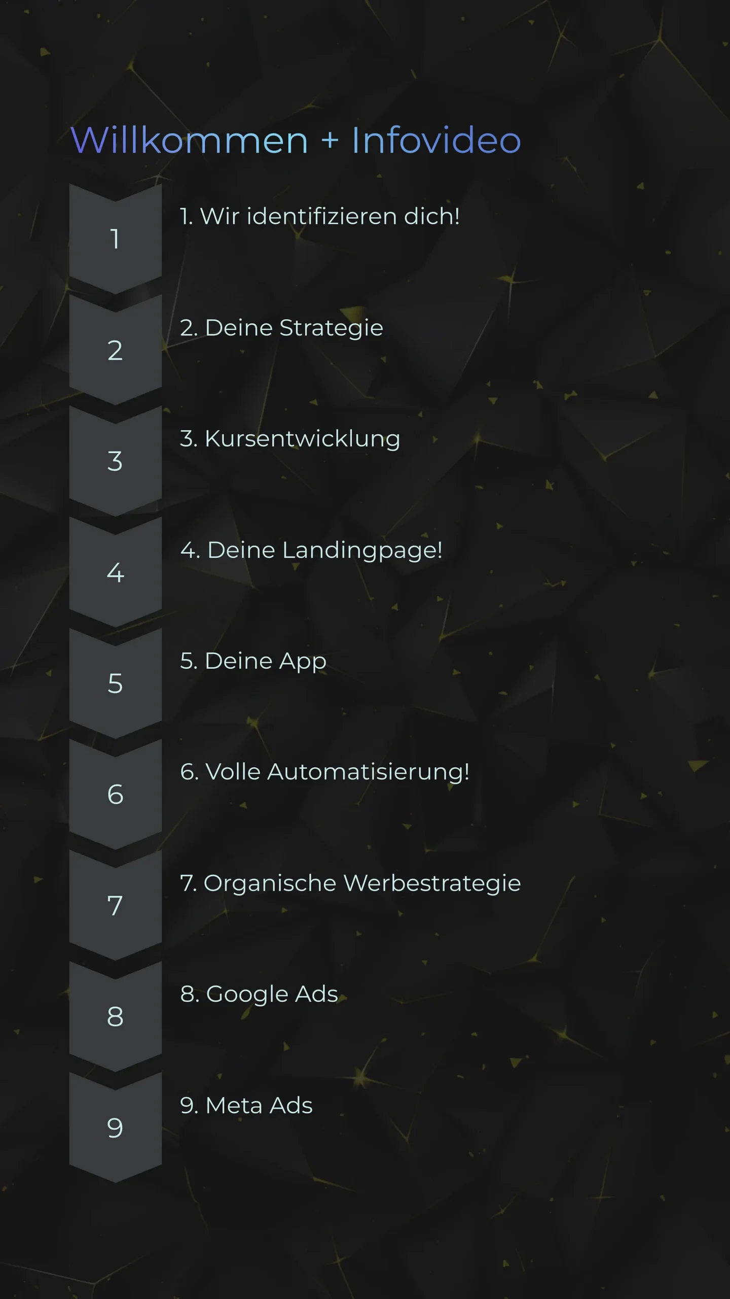Kursstruktur-Übersicht der FOMO Methode mit 9 Modulen auf dunklem Hintergrund mit geometrischen Mustern