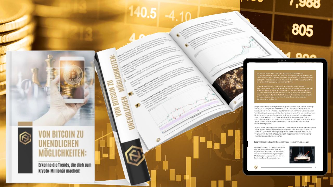 Mockup von Kurs-Materialien mit aufgeschlagenem Buch, Tablet und Trading-Charts
