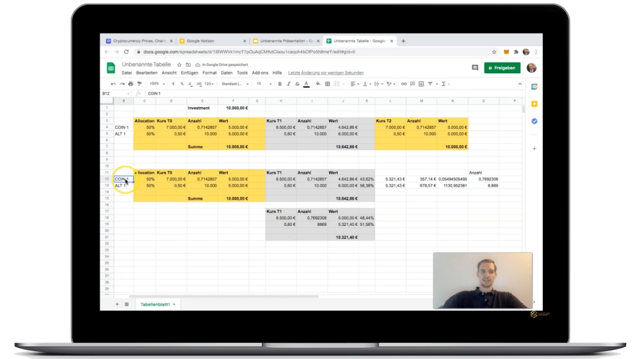 Screenshot einer Google Sheets Kryptowährungs-Allocation-Tabelle mit Berechnungen und Videofenster