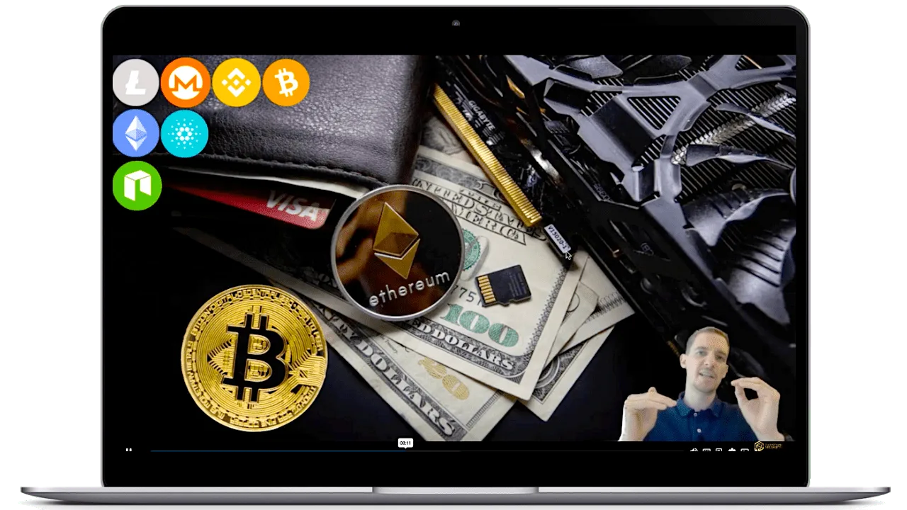 Laptop-Bildschirm mit Kryptowährungs-Symbolen (Litecoin, Monero, Binance, Bitcoin, Ethereum, NEO) und Ethereum-Coin auf Gelds