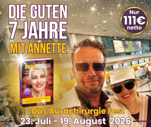 Promotional banner for 'Die guten 7 Jahre mit Annette' Aura Chirurgie Festival, featuring two smiling people wearing sunglass