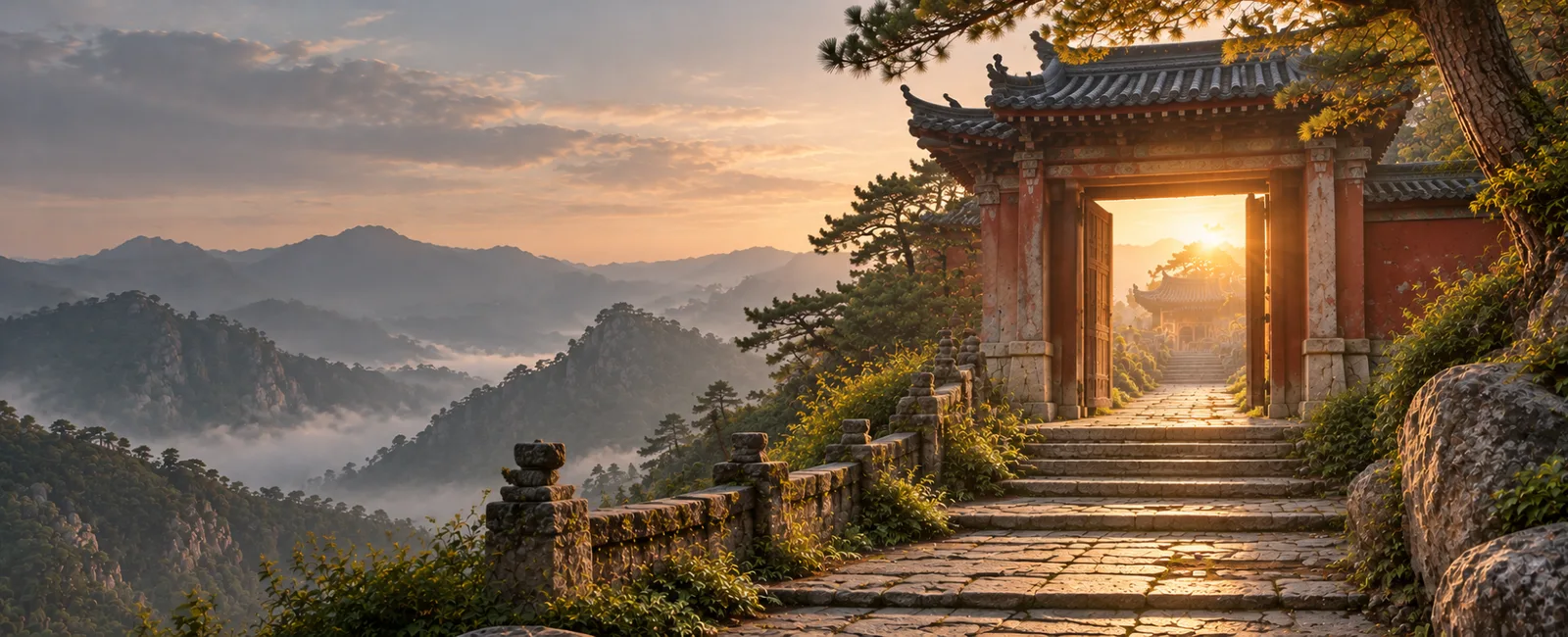 Die Harmonisierung des Herzens – Qigong-Videokurs fürs Herz 5 Chinesisches Tor in Berglandschaft bei Sonnenaufgang mit Nebel und Gebirgskette