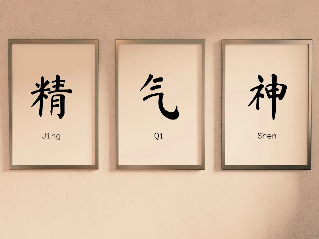 Die Harmonisierung des Herzens – Qigong-Videokurs fürs Herz 1 Drei Bilderrahmen mit chinesischen Zeichen: Jing (精), Qi (气), Shen (神) – die drei Schätze