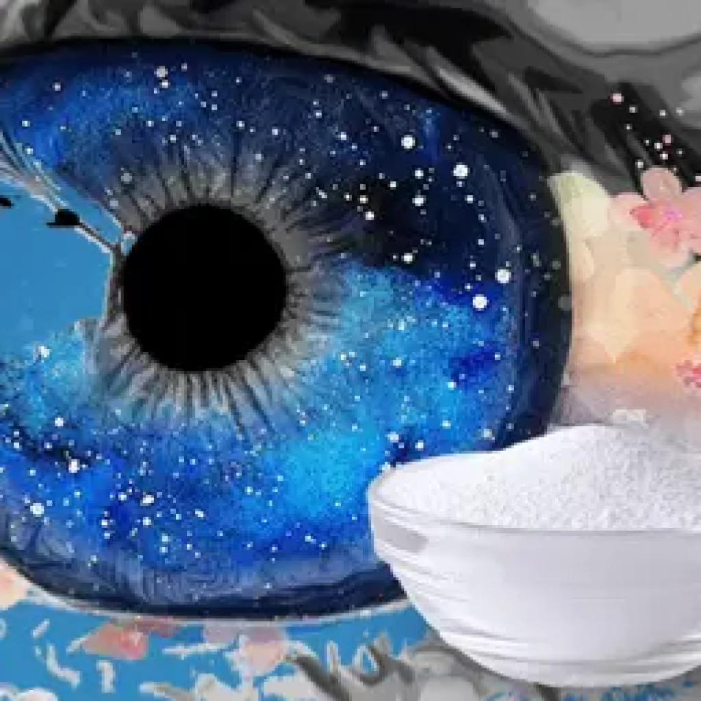 Auge und Boraxpulver in Glasschüssel
