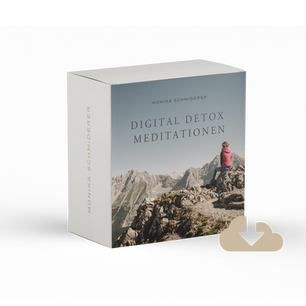 Produktbox Digital Detox Meditationen mit Frau auf Bergspitze