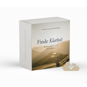 Produktbox Finde Klarheit Meditationsalbum von Monika Schmiderer mit Berglandschaft