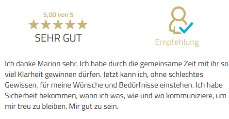5-Sterne-Kundenbewertung mit Testimonial über gewonnene Klarheit und Kommunikation durch Coaching mit Marion Ridder