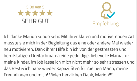 5-Sterne-Bewertung mit Kundenerfahrung zu Coaching-Erfolg bei Stress-Abbau und Familie als Mutter und Partner