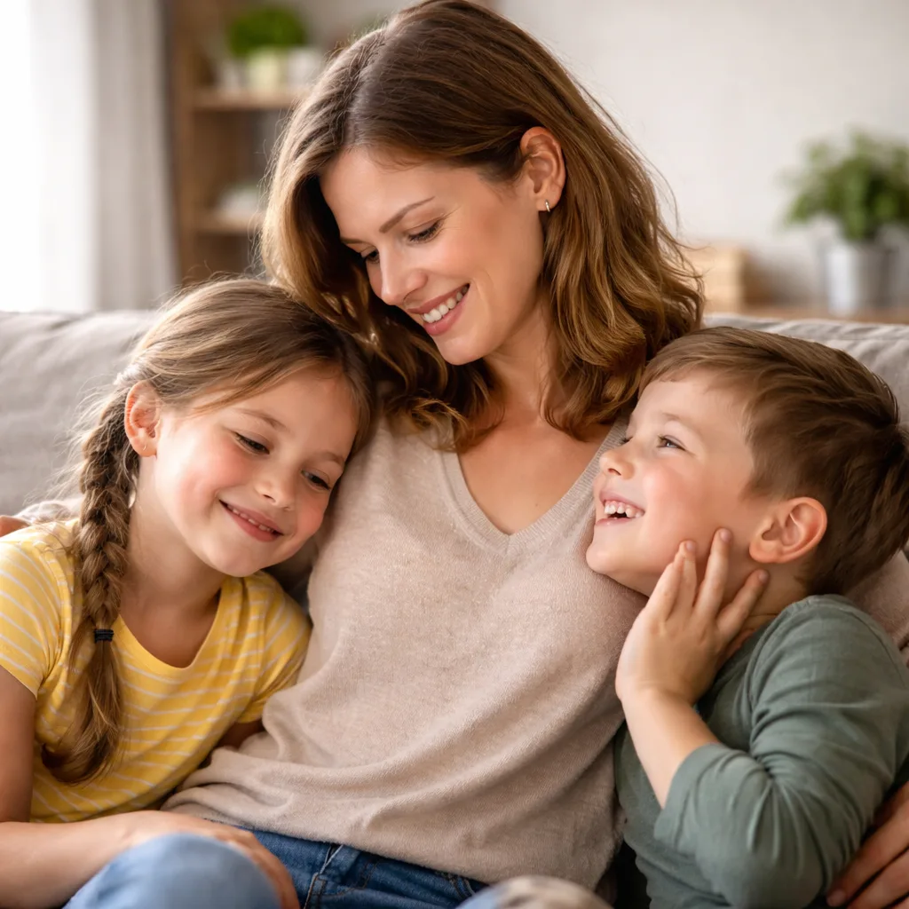 Junge Mutter sitzt entspannt auf Sofa mit zwei Kindern, alle lächeln, warme Familienszene, Nähe und Harmonie