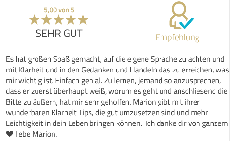 5-Sterne-Bewertung und Kundenstimme zu Sprachentraining mit Testimonial von Marion Ridders Coaching-Wirkung