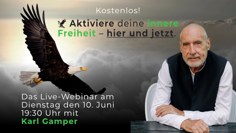 Die Kraft des Loslassens – Live-Workshop zum Loslassen von Anselm Grün 7 Banner mit fliegendem Adler, Karl Gamper Porträt, Live-Webinar Ankündigung