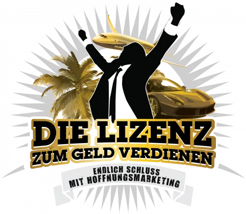 Die Lizenz zum Geld verdienen – Logo mit Silhouette im Business-Anzug und Luxussymbolen