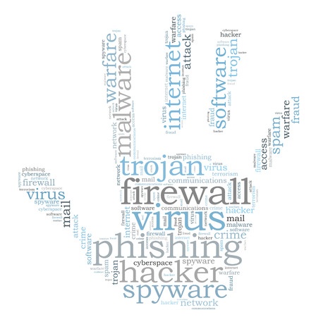 Wort-Cloud mit IT-Sicherheitsbegriffen wie Firewall, Virus, Trojaner, Hacker, Phishing