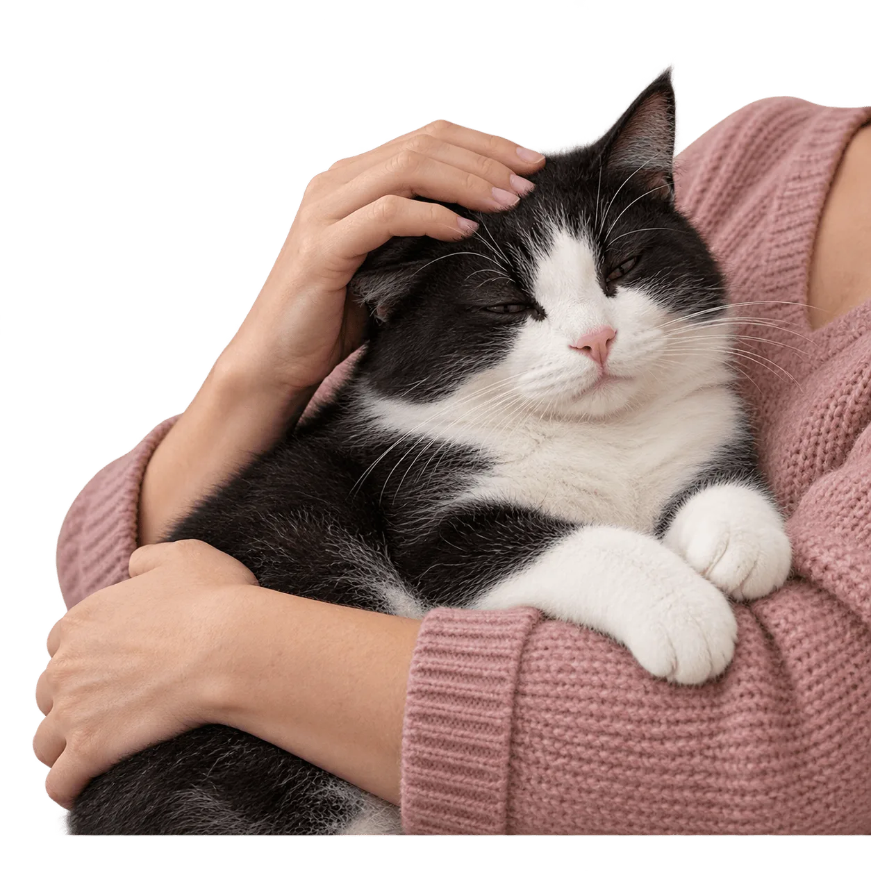 Schwarzweiße Katze wird von einer Person in rosa Strickjacke gestreichelt
