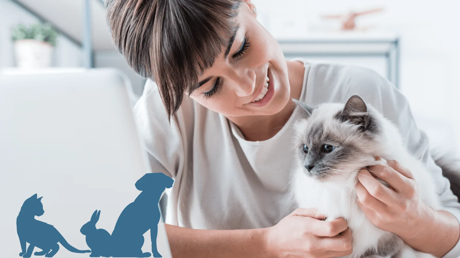 Frau mit kurzen Haaren hält Siamkatze-Katzenbaby, Tier-Silhouetten unten links