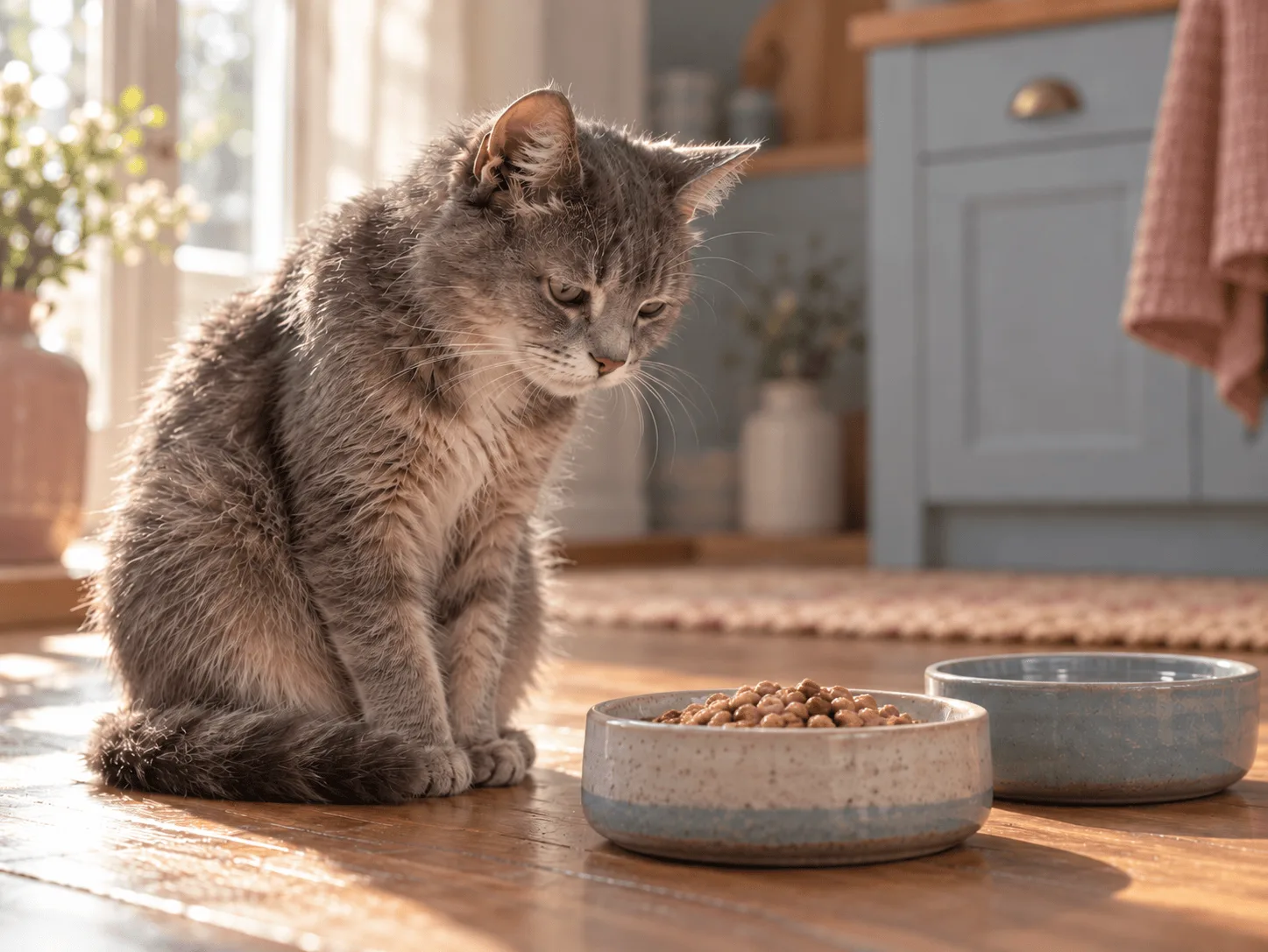 Ältere graue Katze sitzt appetitlos neben Futternäpfen mit Futter und Wasser