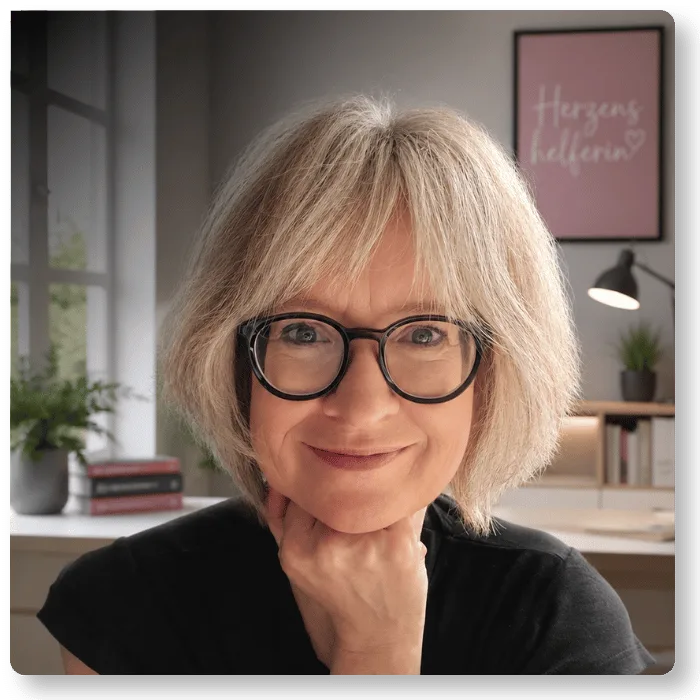 Sonja Tschöpe mit weißblonden Haaren, Brille und schwarzem Shirt, Profilporträt