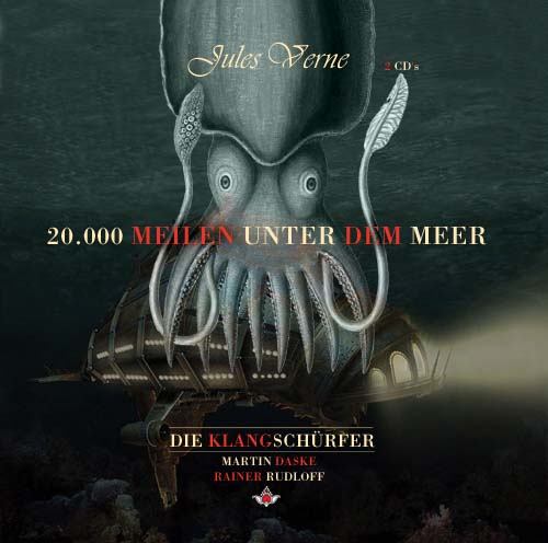 CD-Cover 20.000 Meilen unter dem Meer von Jules Verne mit Tintenfisch-Illustration