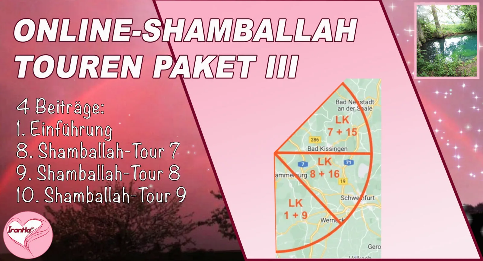 Thumbnail für Online-Shamballah-Wege Paket III mit Karte und Kursinhalten auf rosa Hintergrund