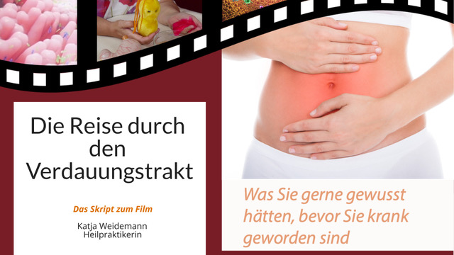 Videostandbild mit Film-Streifen-Design, Titel 'Die Reise durch den Verdauungstrakt', Text 'Das Skript zum Film', Autor 'Katj