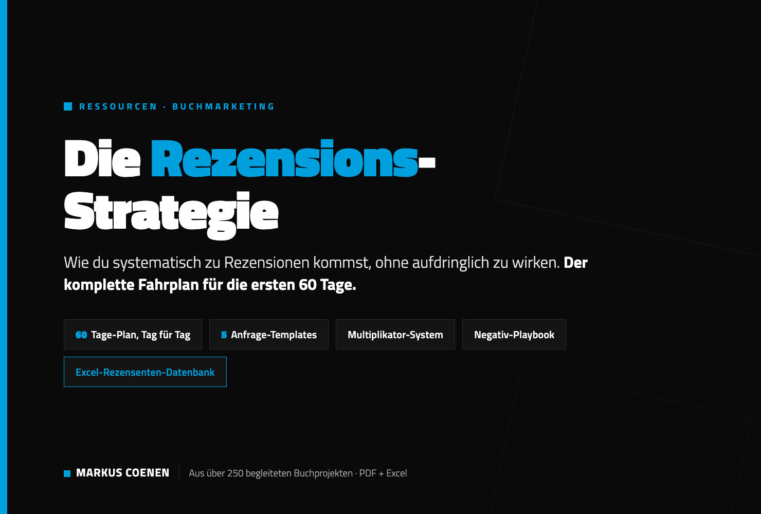 Hero-Section für Die Rezensions-Strategie von Markus Coenen mit dunklem Hintergrund, weißer und blauer Headline und Call-to-A