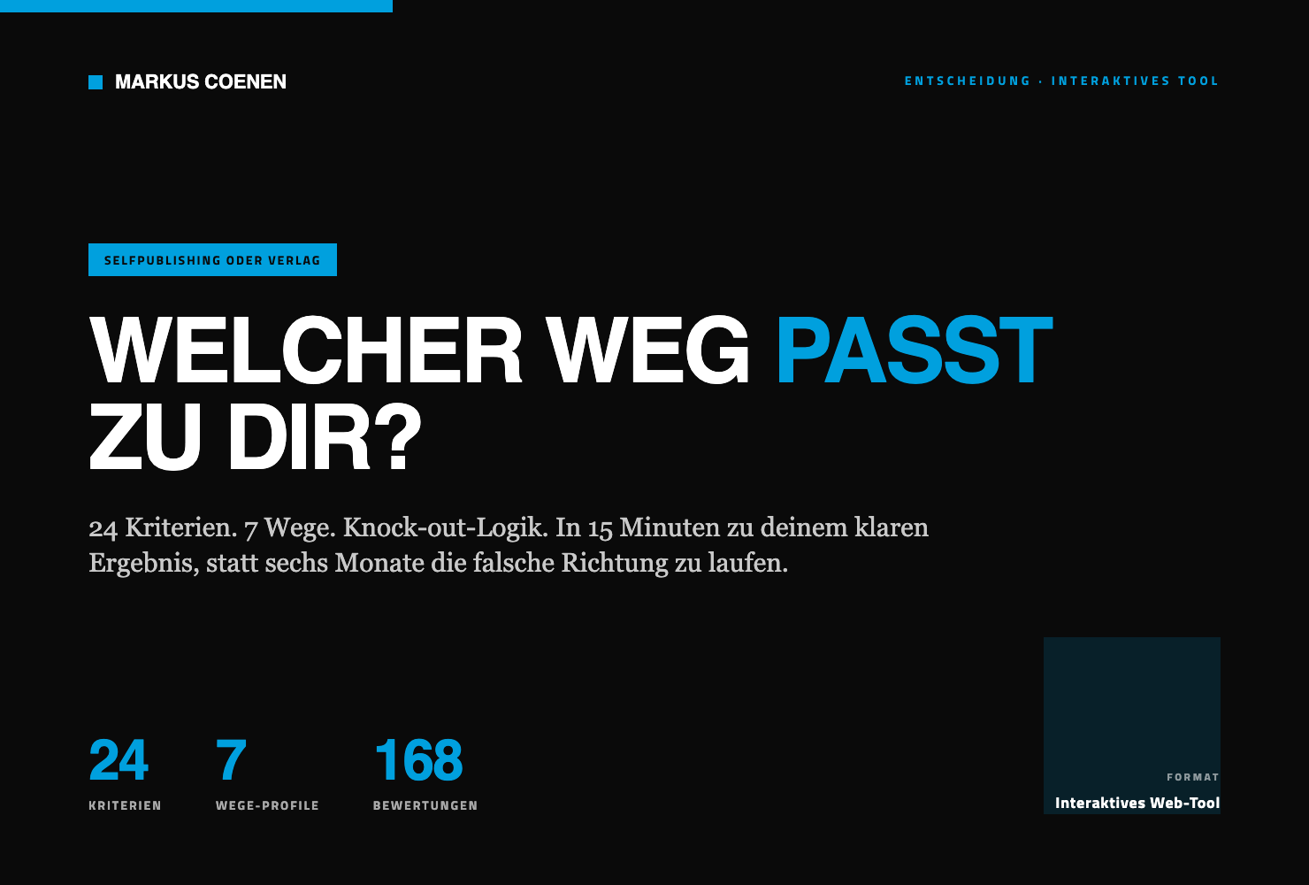 Gallery-Bild Selfpublishing oder Verlag Entscheidungsmatrix mit großer Headline, Beschreibung und Format-Button für interakti