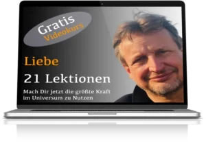 Laptop-Mockup mit Kurs "Liebe 21 Lektionen" und Porträt eines Mannes