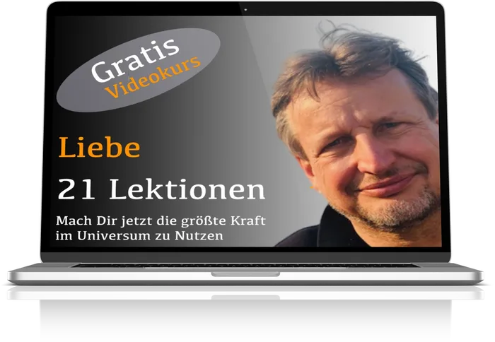 Laptop-Mockup mit Kurs "Liebe 21 Lektionen" und Porträt eines Mannes