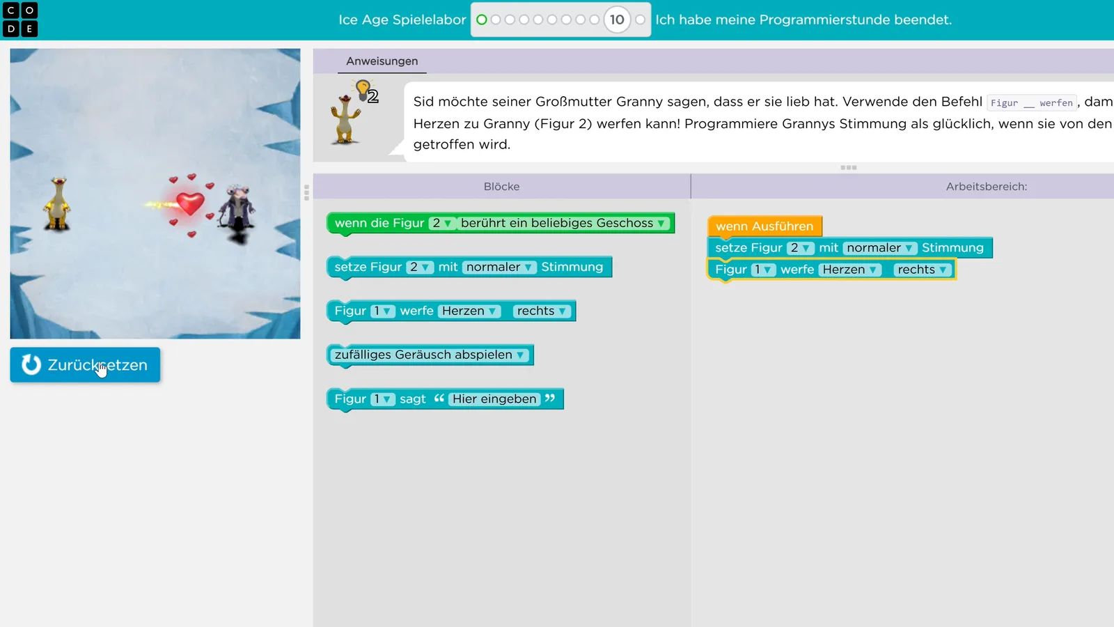 Digital-Club – Medienkompetenz-Live-Kurs für Kinder von Ben Fisch 7 Code.org Ice Age Spielelabor mit Programmierbefehlen in Blockform und Spielszene links
