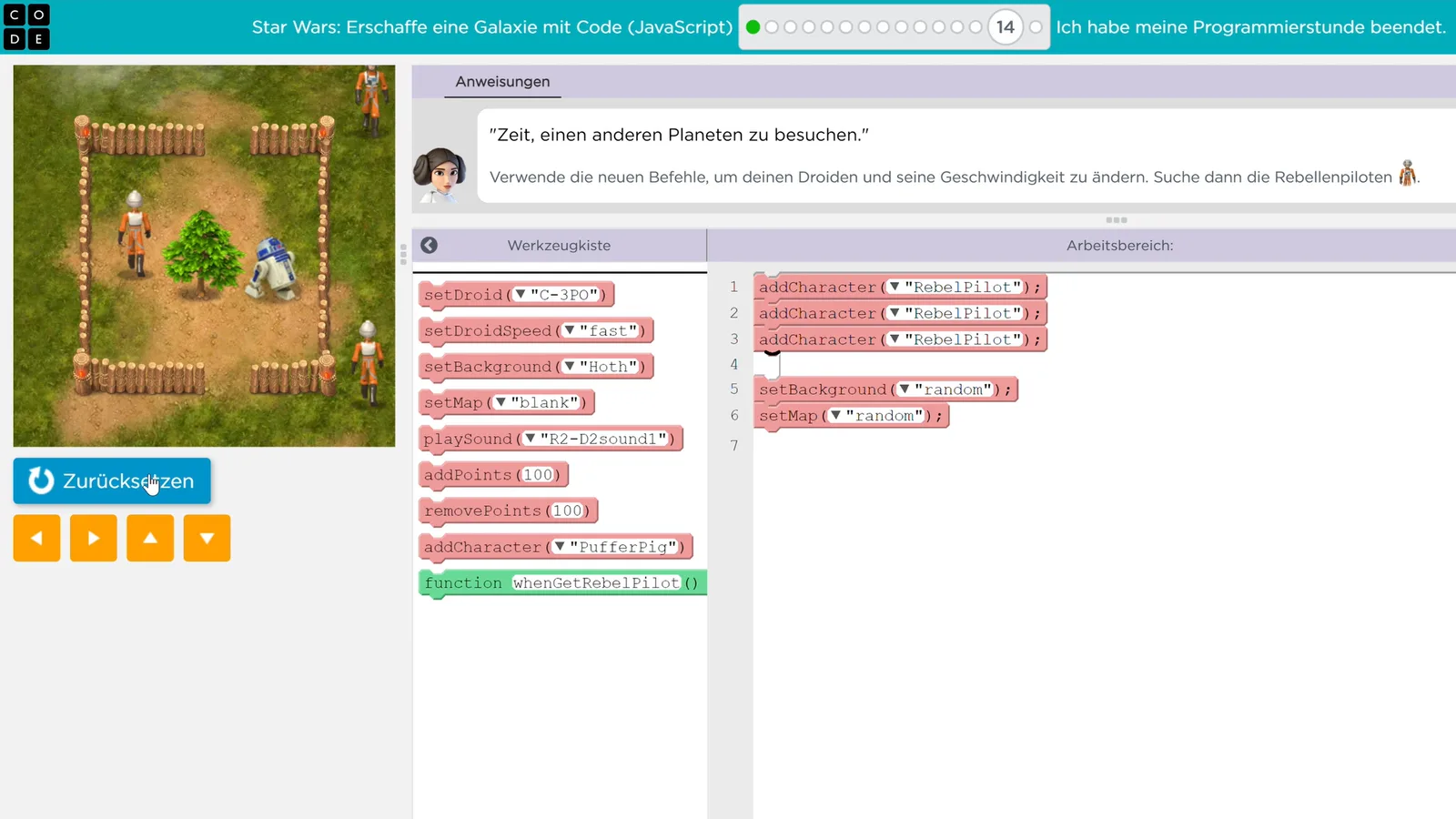 Digital-Club – Medienkompetenz-Live-Kurs für Kinder von Ben Fisch 4 Code.org Star Wars Raumgalaxie mit JavaScript-Code zur Charaktersteuerung und Spielszene