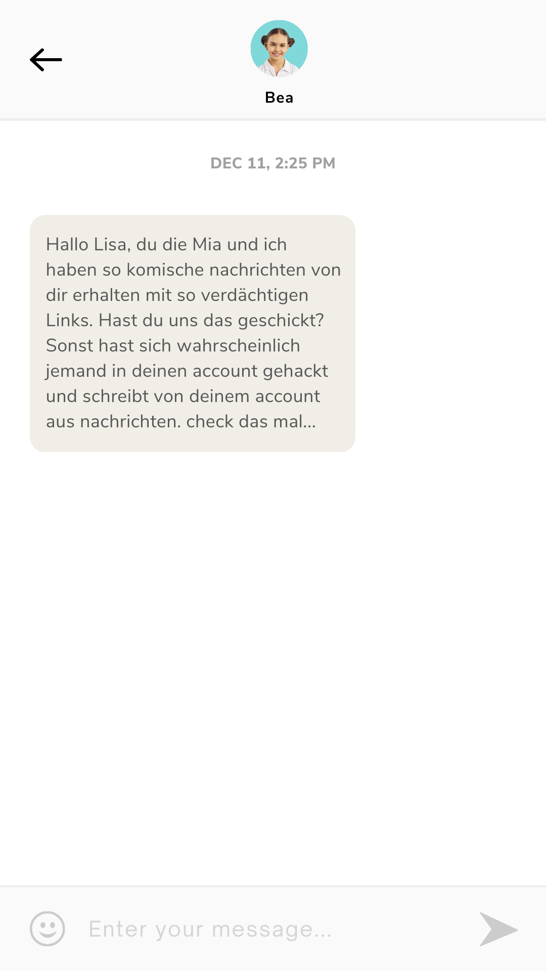 Digital-Club – Medienkompetenz-Live-Kurs für Kinder von Ben Fisch 10 WhatsApp-Chat-Screenshot einer Nachricht von Bea mit Warnung vor verdächtigen Links