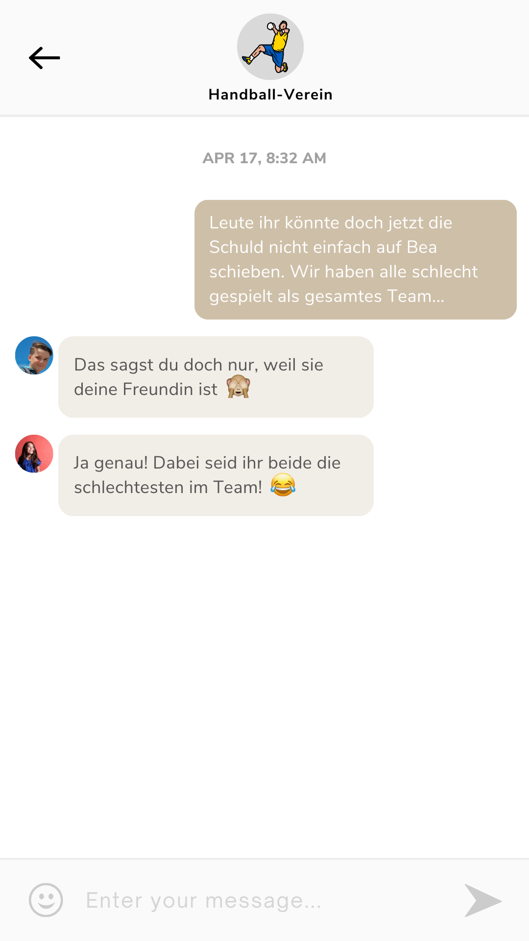 Digital-Club – Medienkompetenz-Live-Kurs für Kinder von Ben Fisch 13 Messenger-Gruppenchat Handball-Verein mit Vorwürfen bezüglich Spielerverhalten und Teamleistung