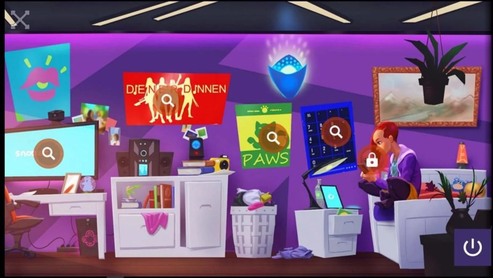 Digital-Club – Medienkompetenz-Live-Kurs für Kinder von Ben Fisch 11 Bunte Illustration eines Büros mit Escape-Room-Elementen und Spielelementen in Lila und Pink