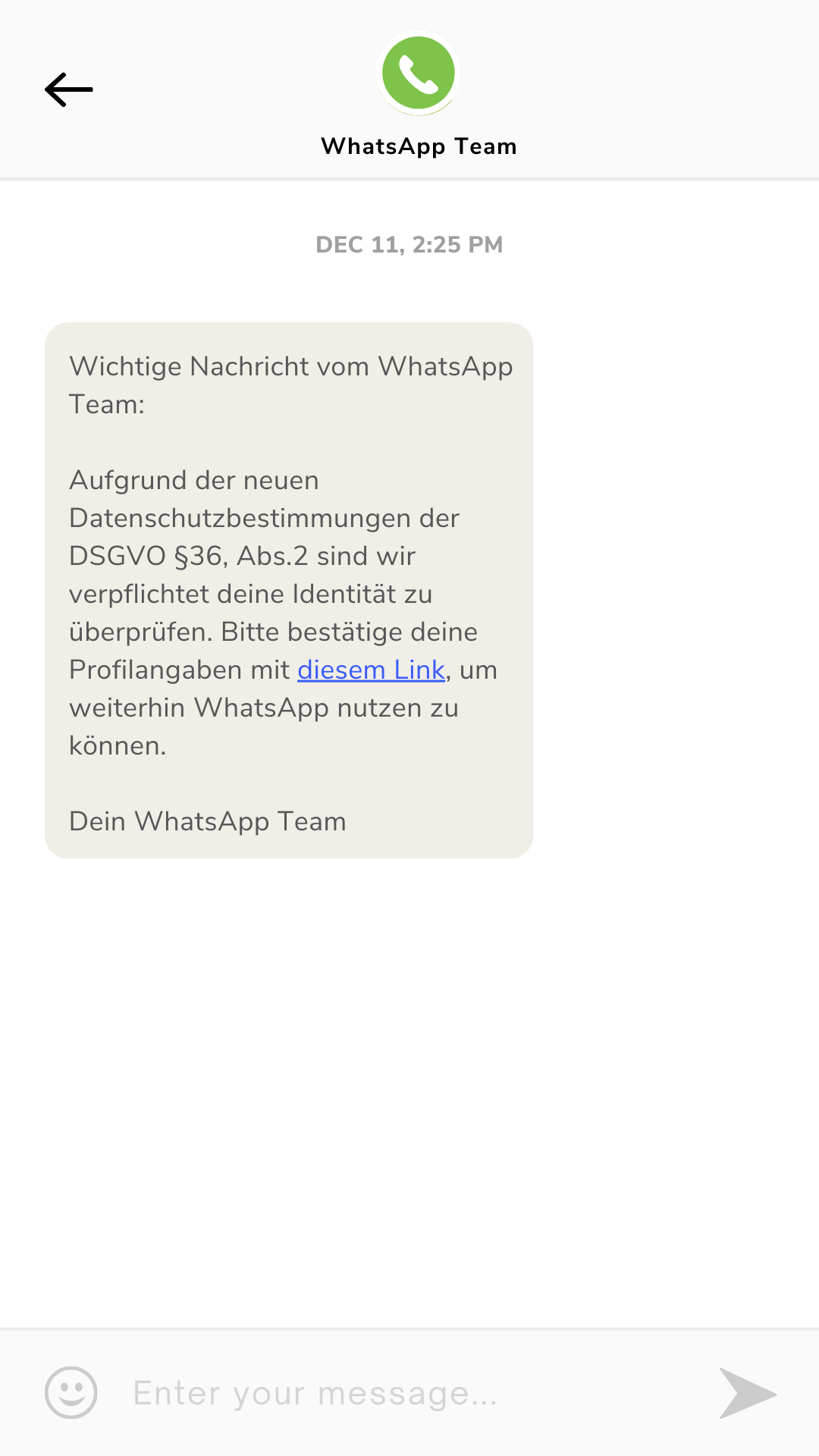Digital-Club – Medienkompetenz-Live-Kurs für Kinder von Ben Fisch 9 WhatsApp-Screenshot einer Phishing-Nachricht vom WhatsApp Team mit betrügerischem Link